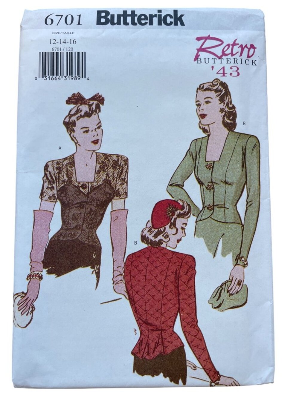 Butterick 6701 Retro Sewing Pattern Sizes 12-16 1940s Blouse Vintage UNCUT